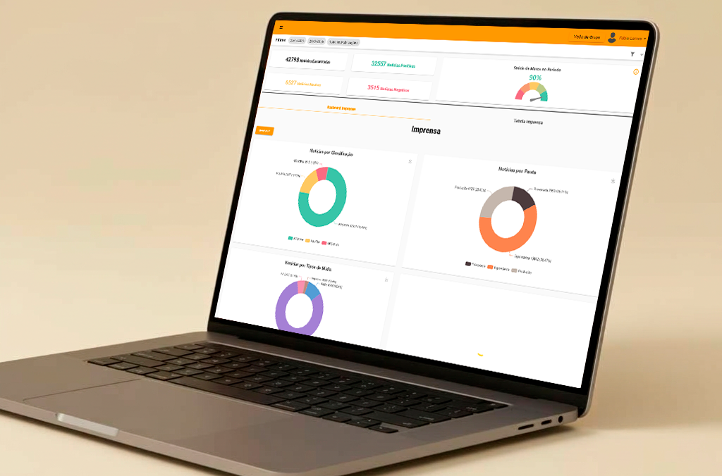 Plataforma Clipei exibindo dashboard de monitoramento de mídia em notebook